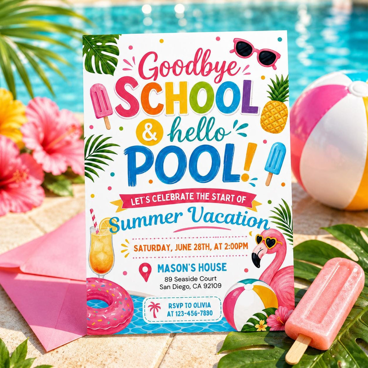 Goodbye School, Hello Pool Invitation with Flamingo Float — print-ready end-of-year celebration design from VoltBy