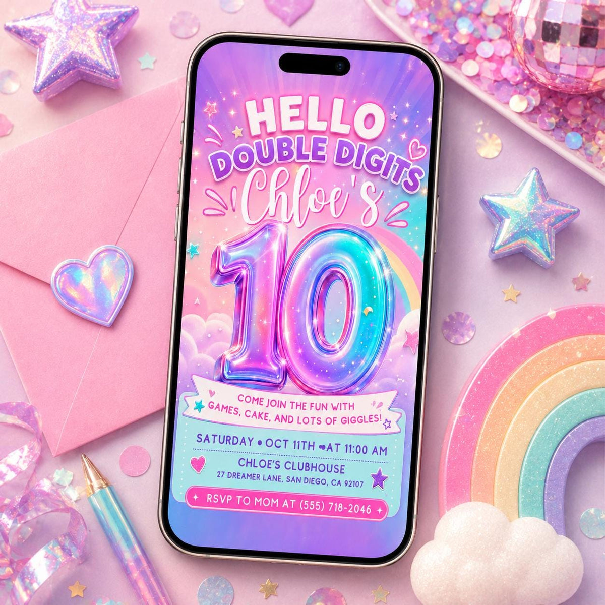 Hello Double Digits 10th Birthday Invitation with Iridescent Number — digital invitation, instant download