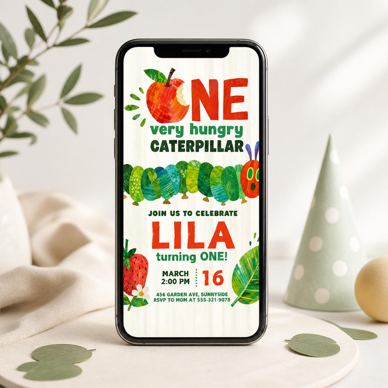 Very Hungry Caterpillar First Birthday Invitation, Hungry Caterpillar Invite, Kid Invitation, Any Age, Caterpillar Invitation Template __etsy:8029979911