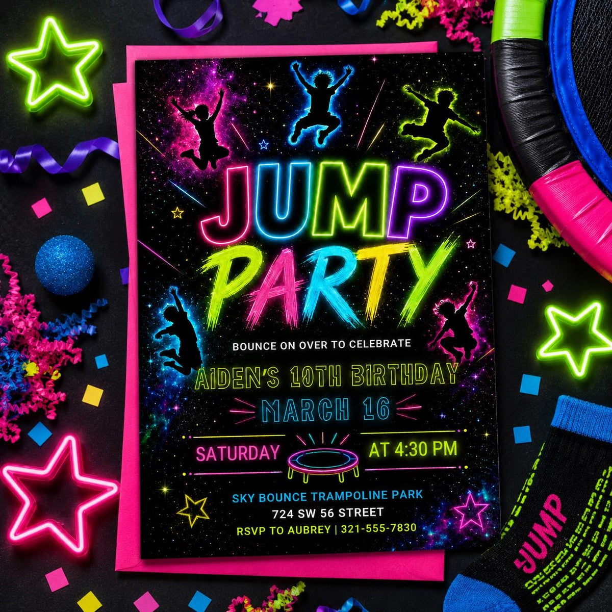 Rainbow Neon Jump Party 10th Birthday Invitation — print-ready 10th birthday party design from VoltBy