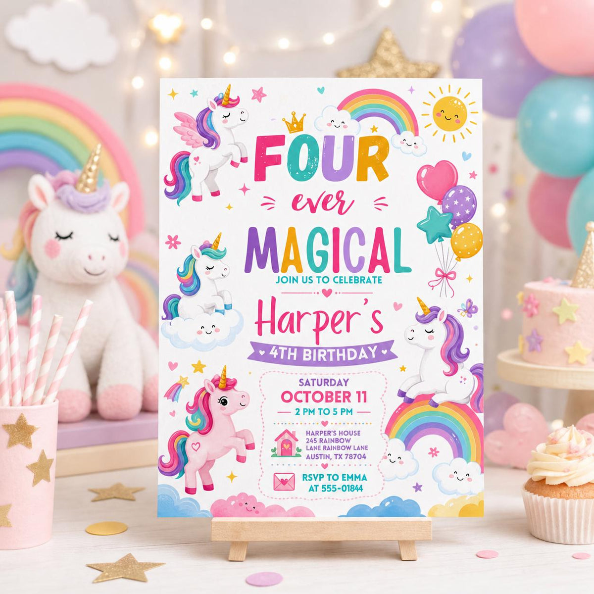 Four Ever Magical Unicorn Birthday Invitation — print-ready 4th birthday party design from VoltBy