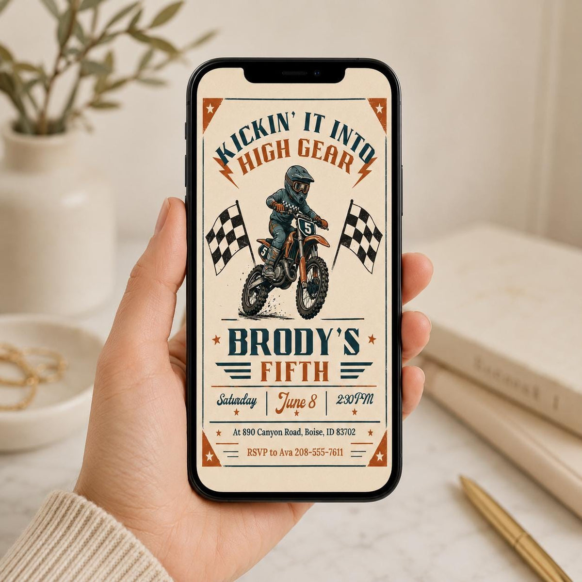 Vintage Dirt Bike 5th Birthday Invitation — motorcycle artwork in brown and cream