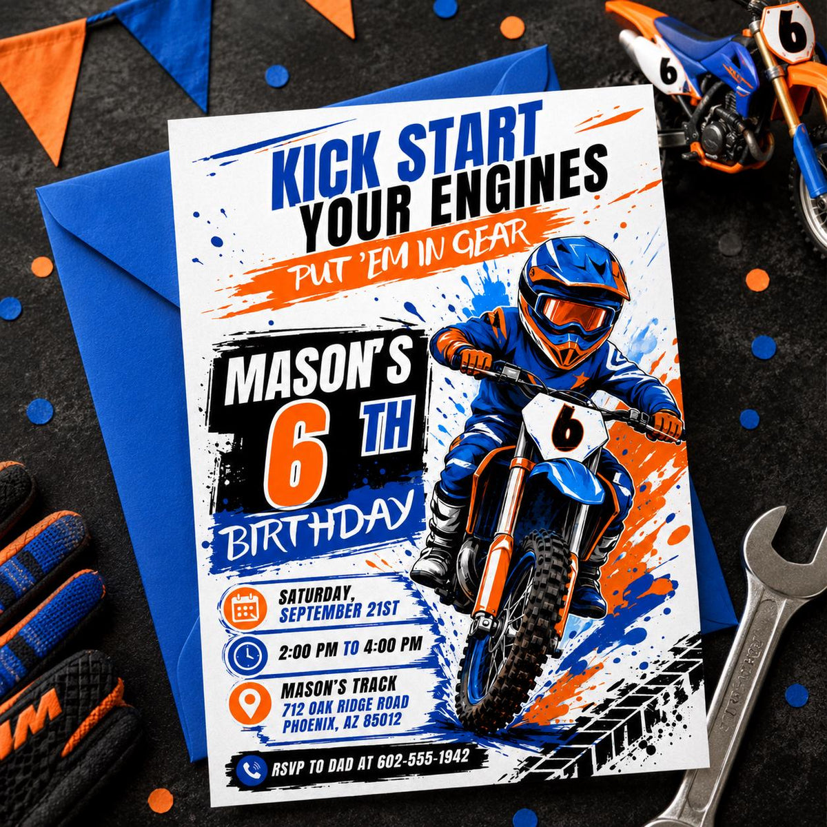 Kick Start Your Engines Motocross 6th Birthday Invitation — print-ready 6th birthday party design from VoltBy