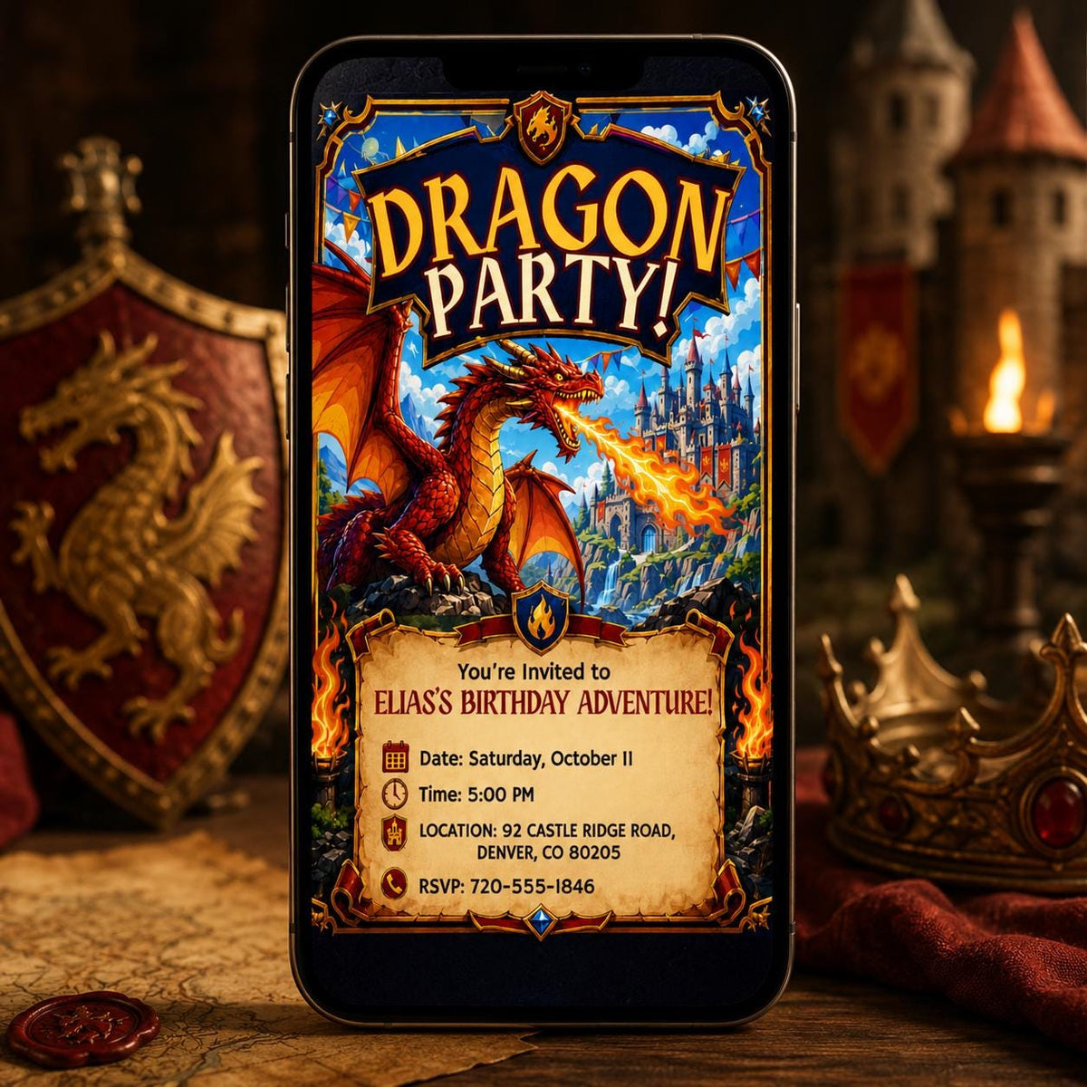 Fire-Breathing Dragon Birthday Invitation with Castle — birthday party stationery by VoltBy