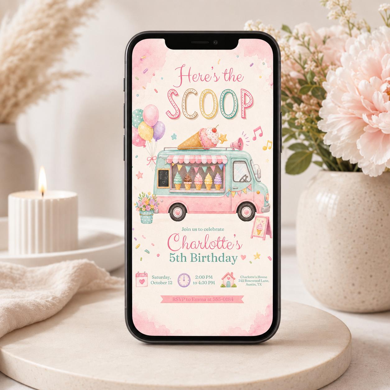 Ice Cream Truck Birthday Invitation Template, Here's The Scoop Birthday Invitation, Ice Cream Birthday, Summer Invite, Canva Template __etsy:8035794445