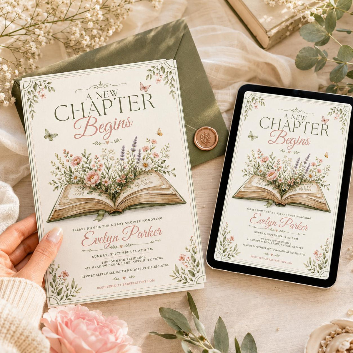 Framed Open Book Bridal Shower Invitation — butterfly and library artwork in cream and green