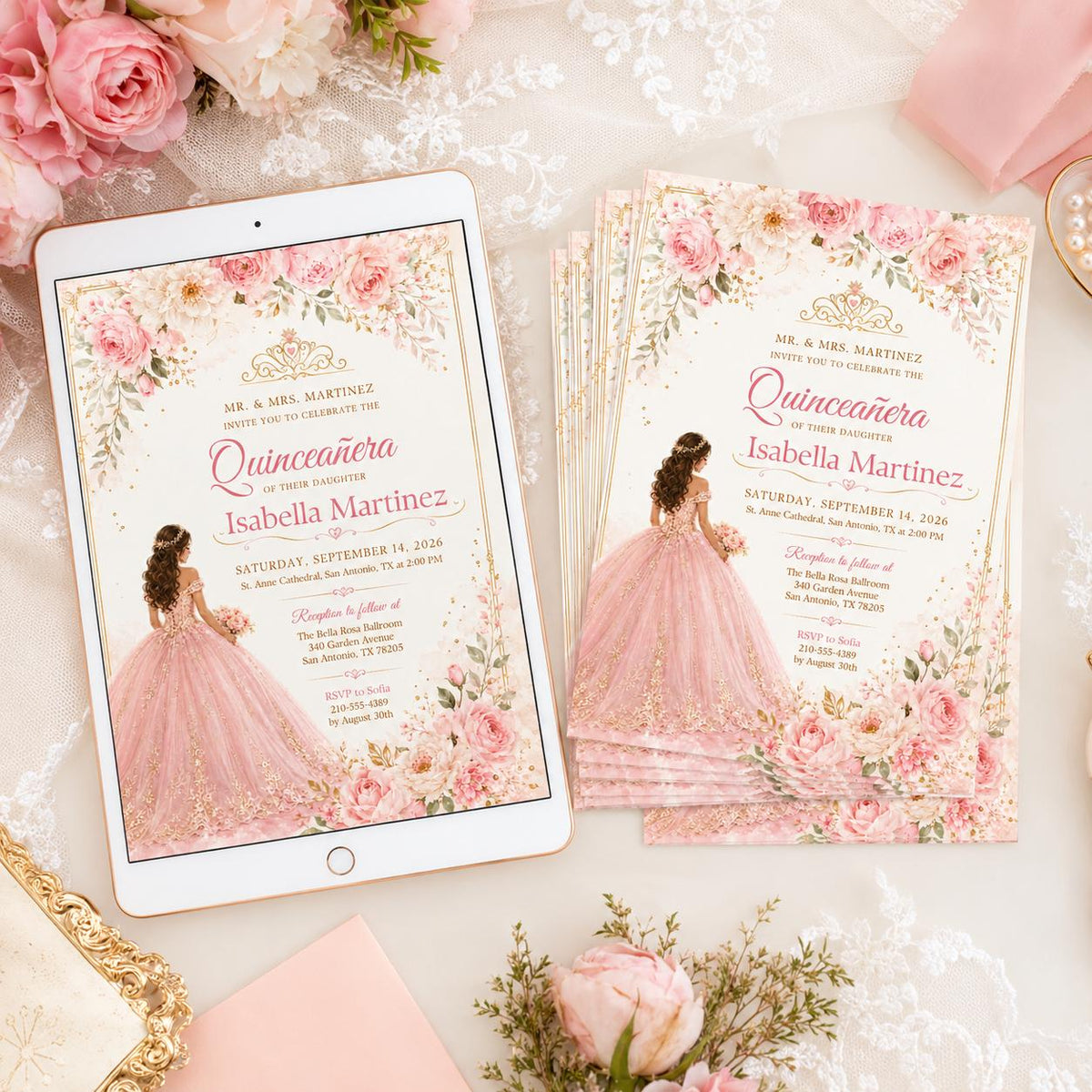 Blush Pink Quinceañera Invitation with Gown and Rose Border — design view 2