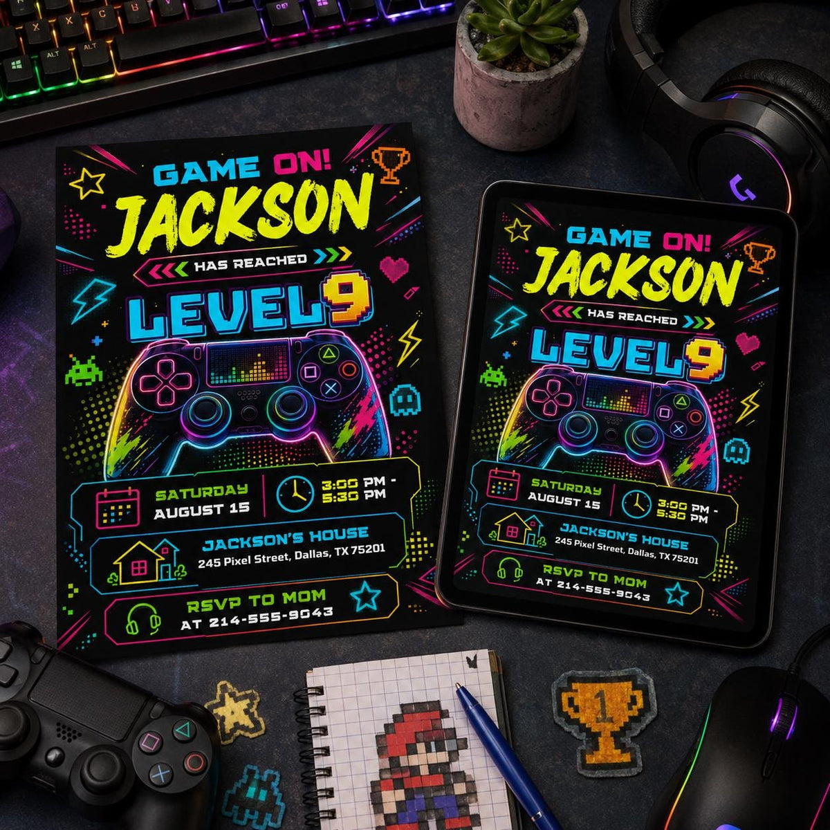 Neon Level 9 Birthday Invitation with Angled Border — print-ready 9th birthday party design from VoltBy