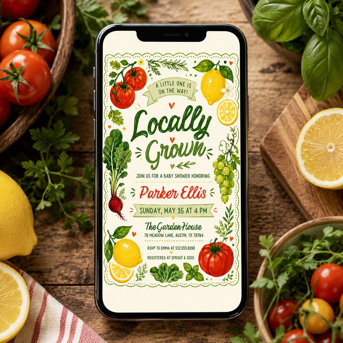 Locally Grown Baby Shower Invitation with Tomatoes and Lemons — print-ready baby shower design from VoltBy
