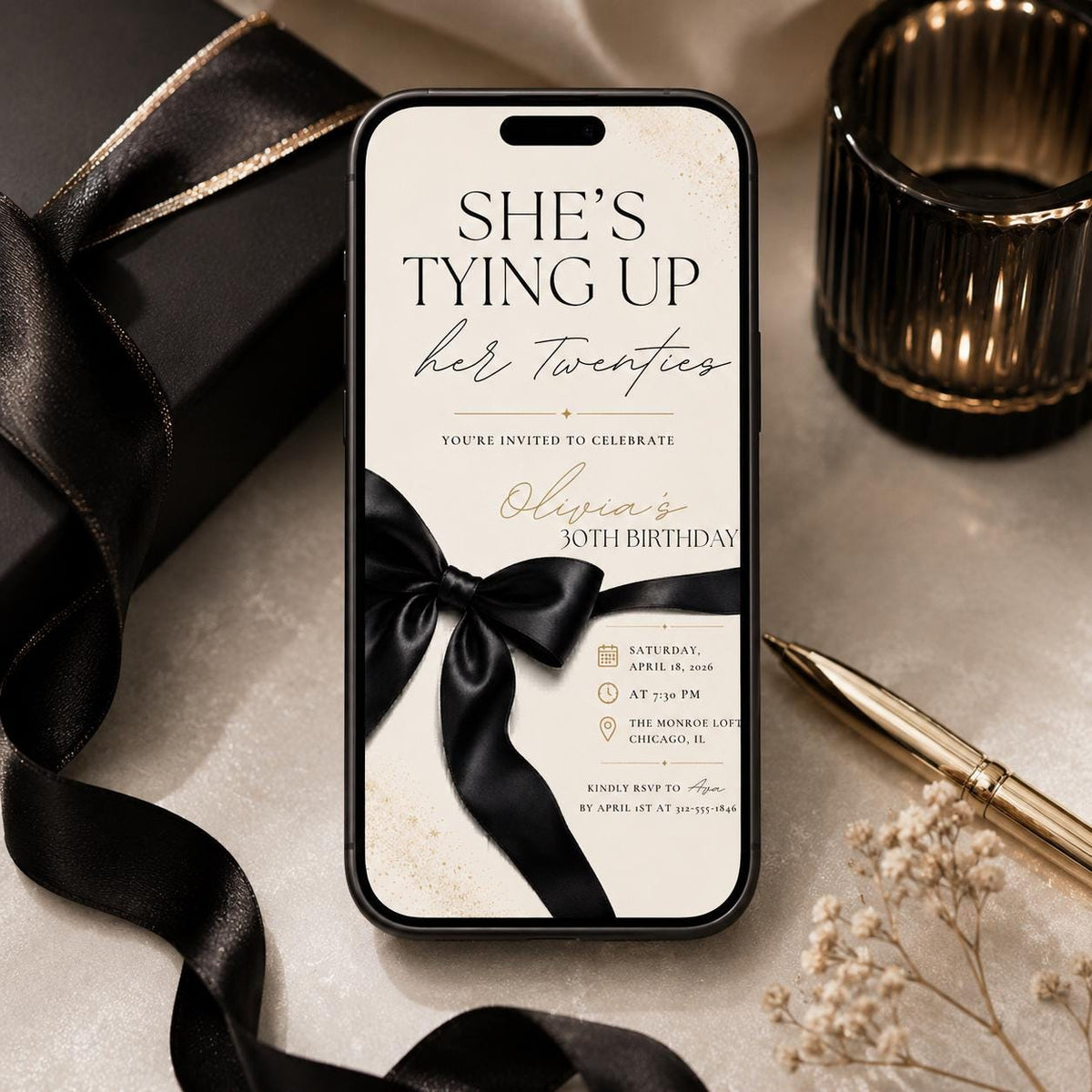 She's Tying Up Her Twenties Birthday Invitation with Black Bow — 30th birthday party stationery by VoltBy