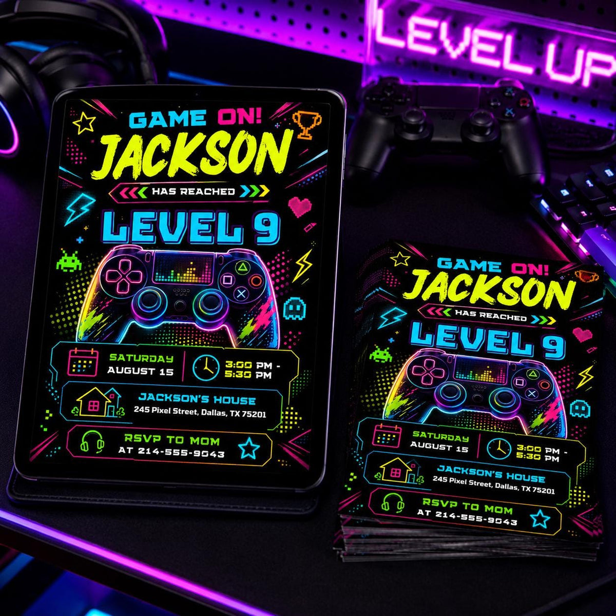 Neon Level 9 Birthday Invitation with Angled Border — print-ready 9th birthday party design from VoltBy