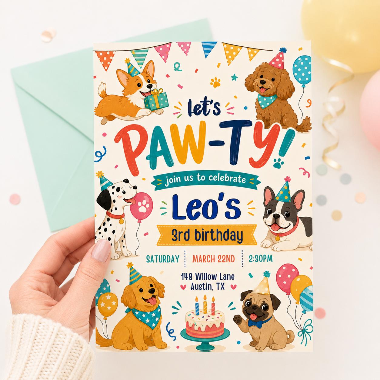 Editable Paw-ty Birthday Invitation Template, Boys & Girls Bday, Puppy Birthday Invitation: Let's Paw-ty Canva Template (Digital Download) __etsy:8039821107