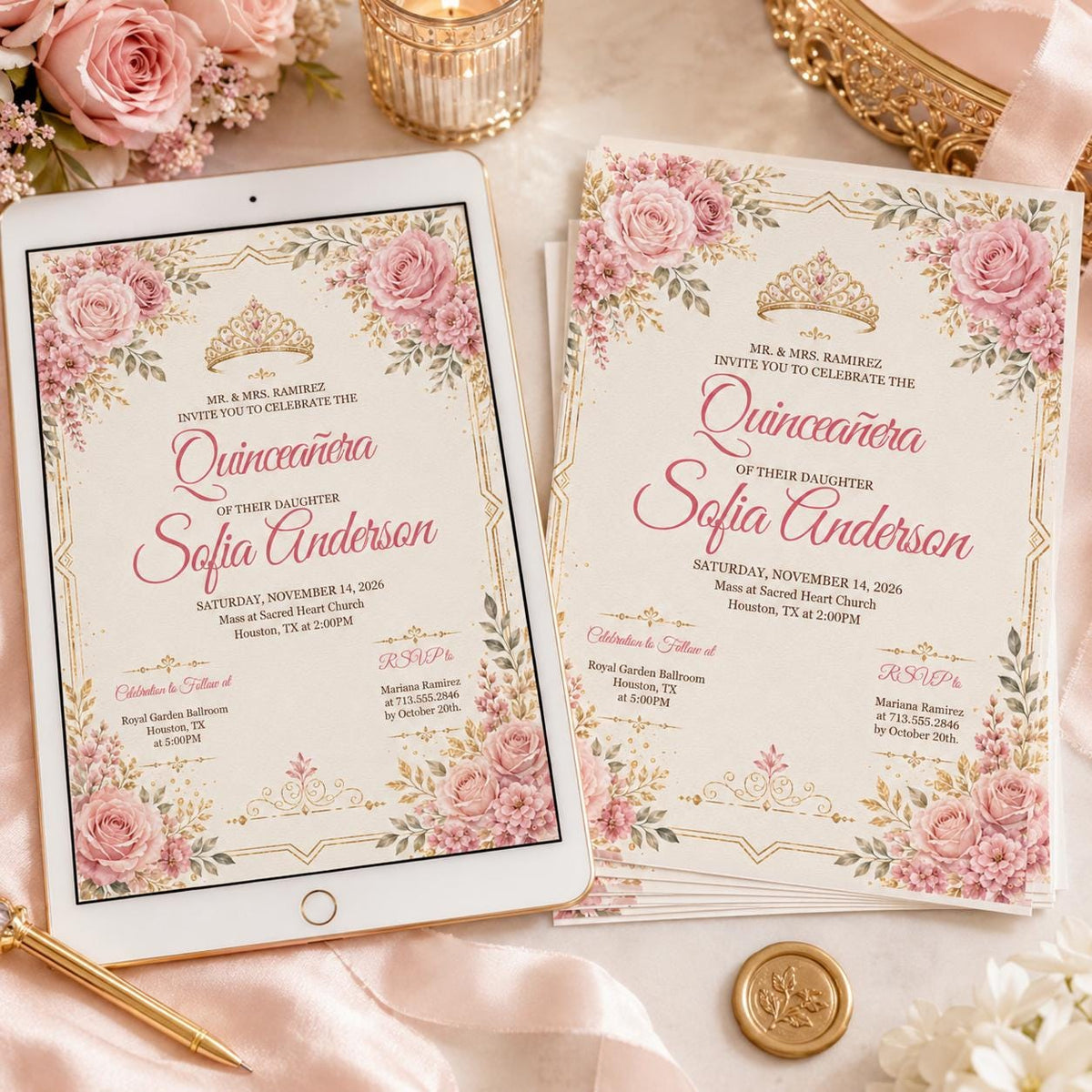 Pink Rose Quinceañera Invitation with Gold Crown — design view 2