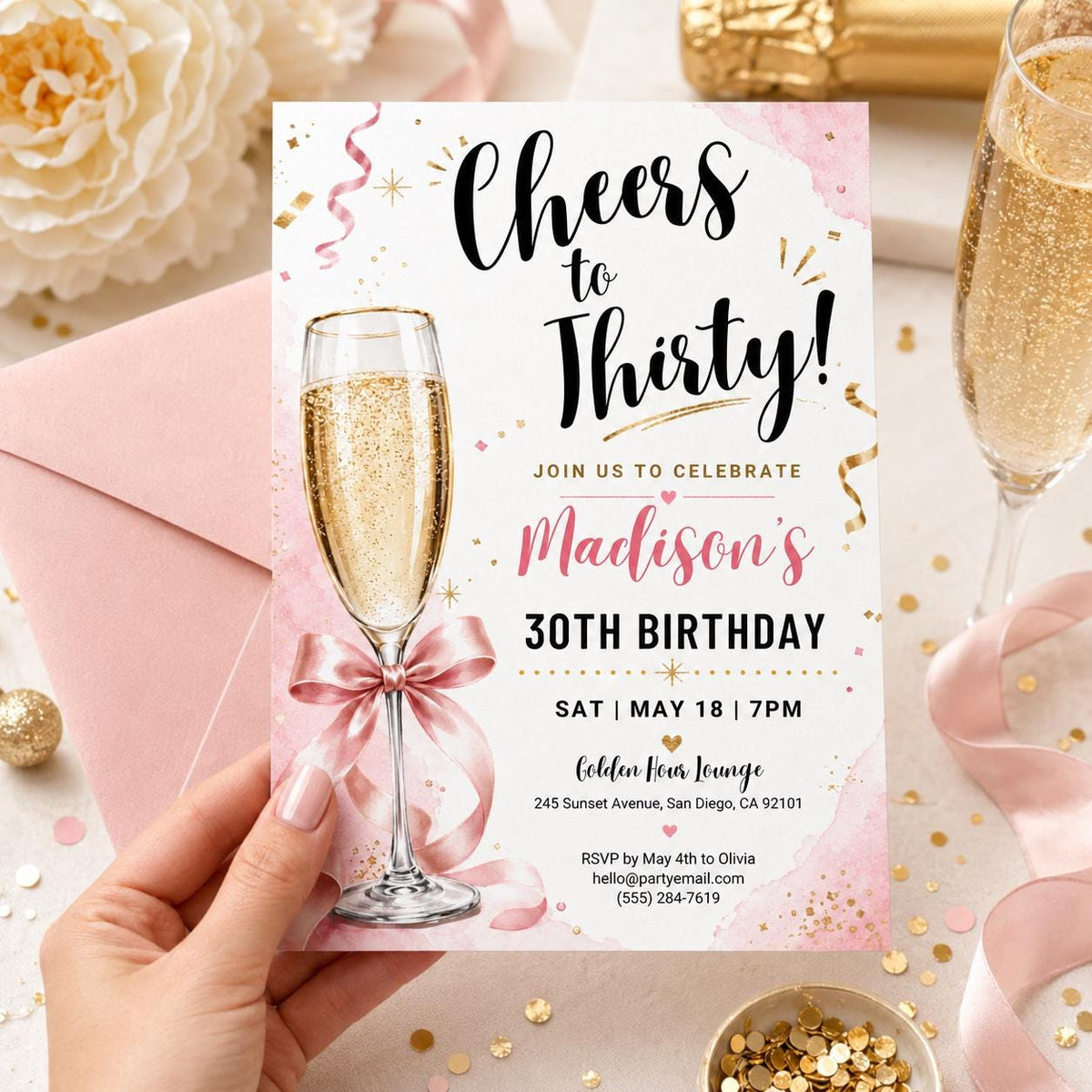 Cheers to Thirty Birthday Invitation with Pink Champagne Bow — 30th birthday party stationery by VoltBy