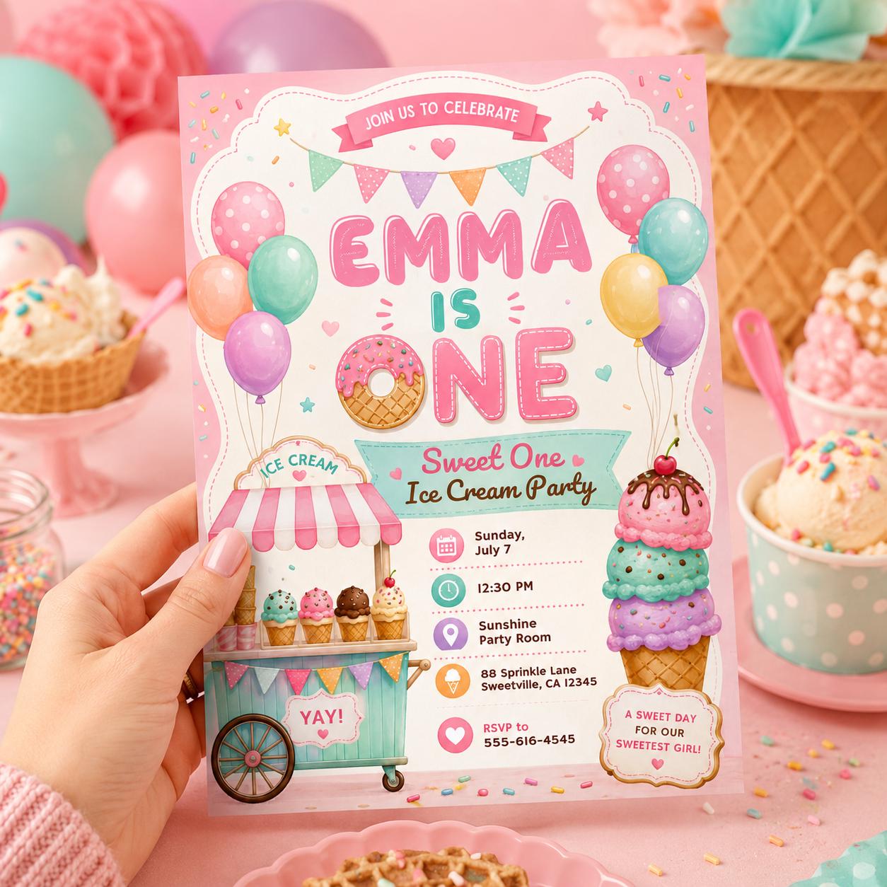 Ice Cream 1st Birthday Invitation, Sweet One First Birthday Invitation, Sweet Party Invitation, Ice Cream Birthday Invite, Canva Template __etsy:8047106244