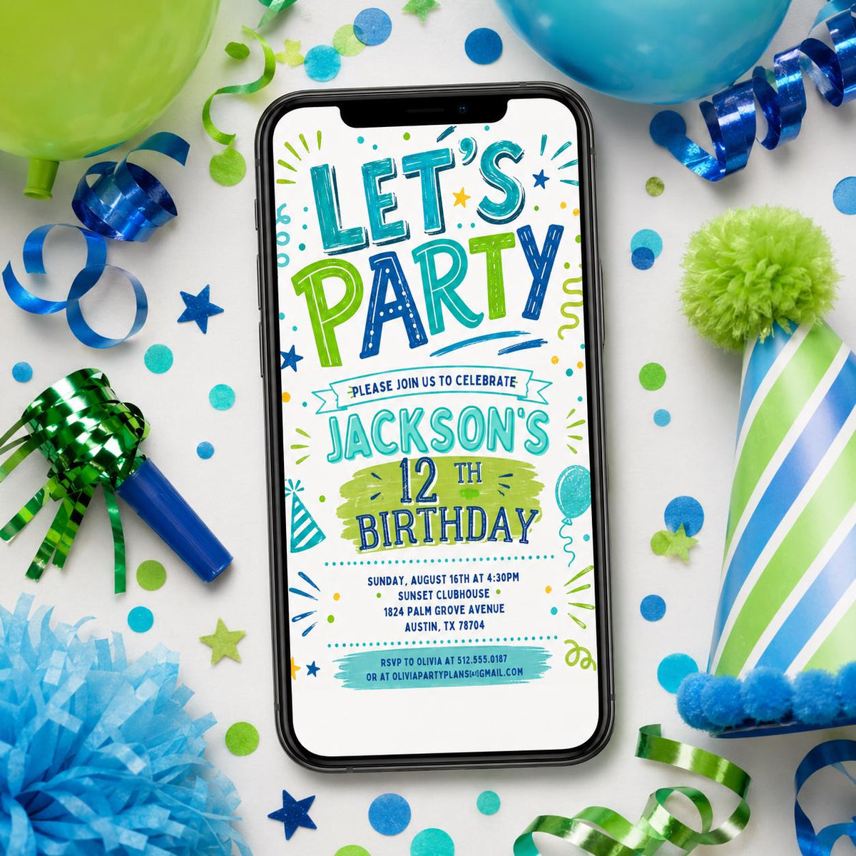 Blue and Green Let's Party 12th Birthday Invitation — 12th birthday party stationery by VoltBy