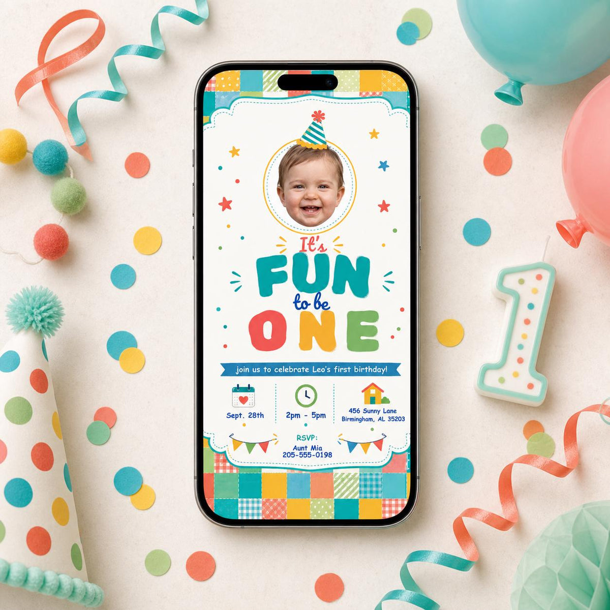 Fun to Be One First Birthday Photo Invitation — digital invitation, instant download