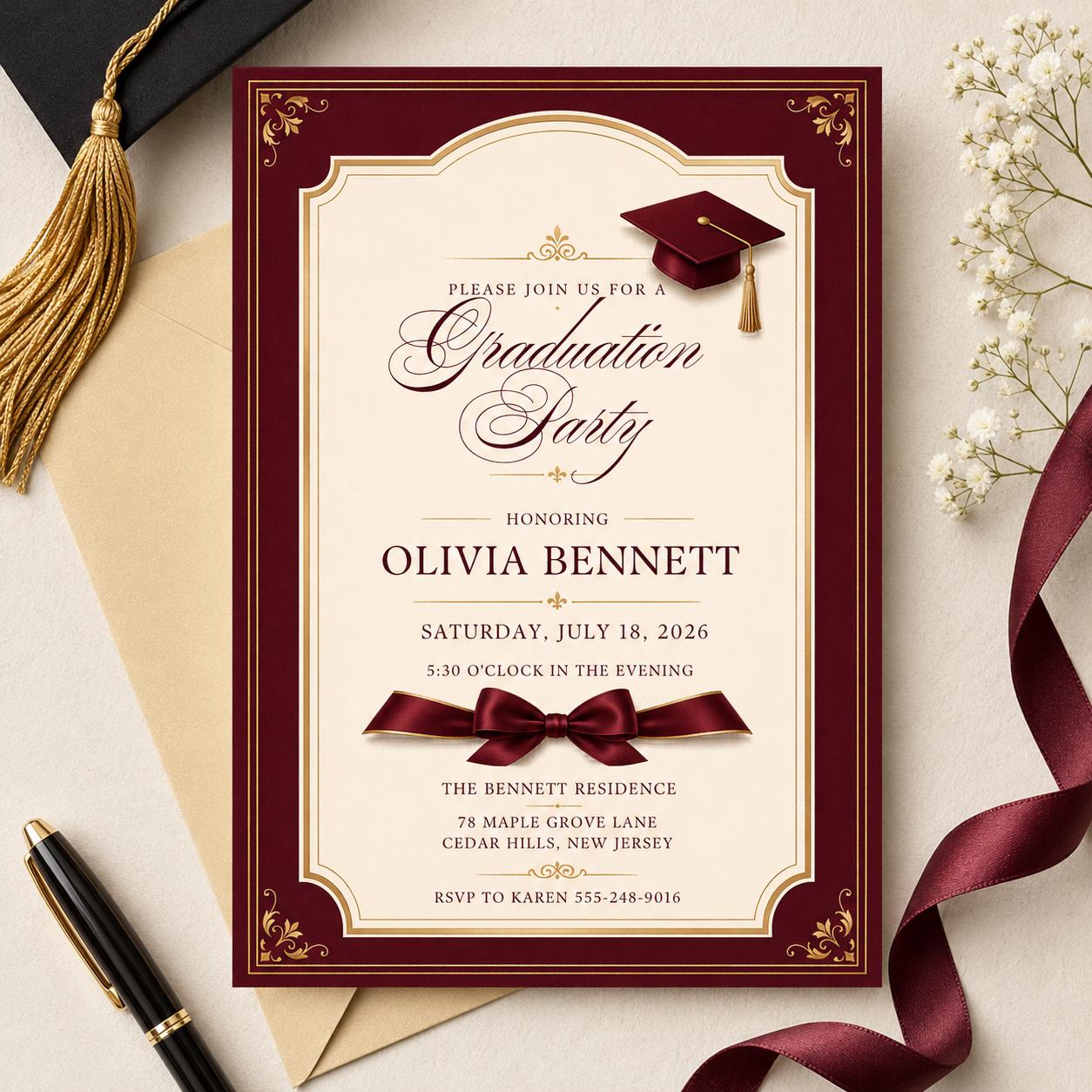 Editable Black Bow Graduation Party Invitation, Graduation Announcement Template, Minimalist Graduation Invitation, Grad Party Invite __etsy:8050270849