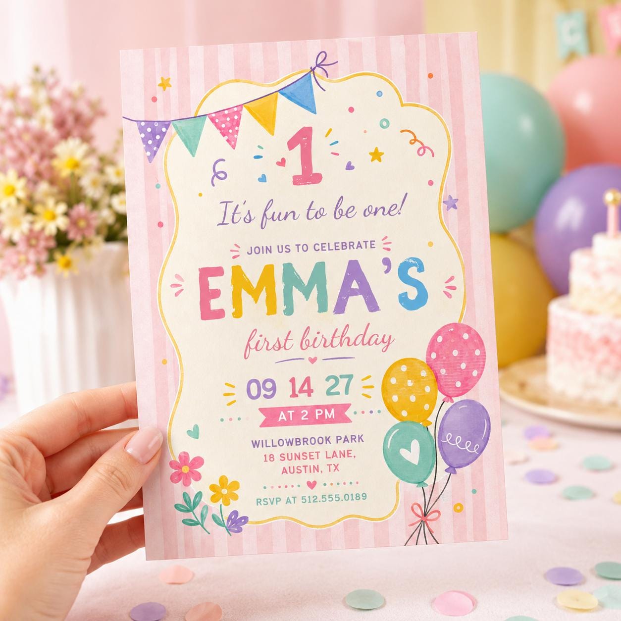 Editable First Birthday, Pastel Birthday Canva Invitation, Girls Banner Invite, Editable Template, Personalized invite, Canva Template __etsy:8051495901