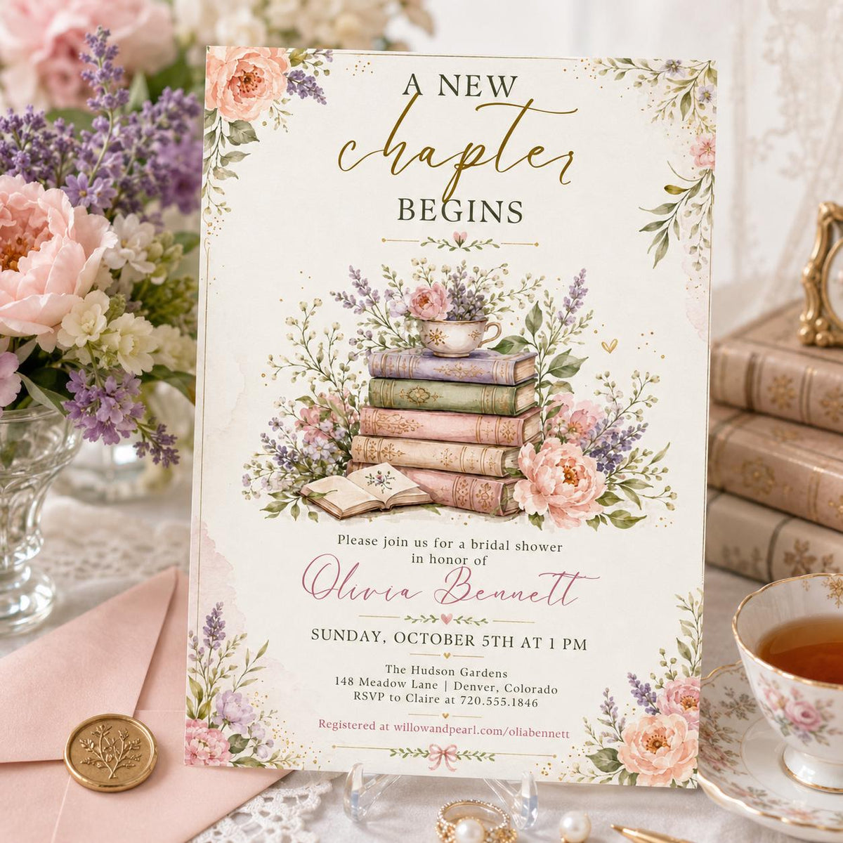 Stacked Books and Teacup Bridal Shower Invitation — library artwork in cream green