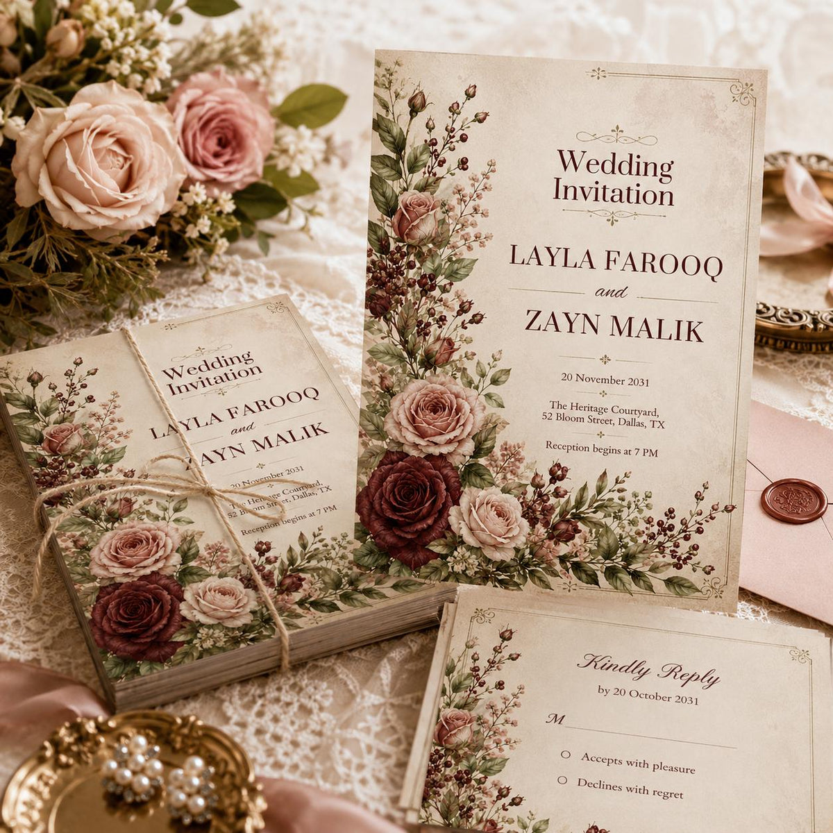 Burgundy Rose Wedding Invitation on Parchment — wedding stationery by VoltBy