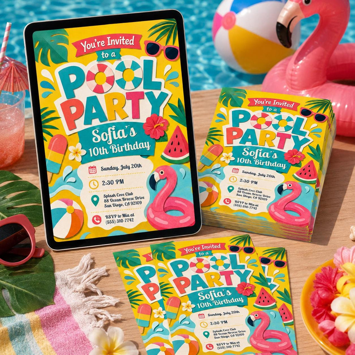 Tropical Pool Party 10th Birthday Invitation with Fruit — print-ready 10th birthday party design from VoltBy