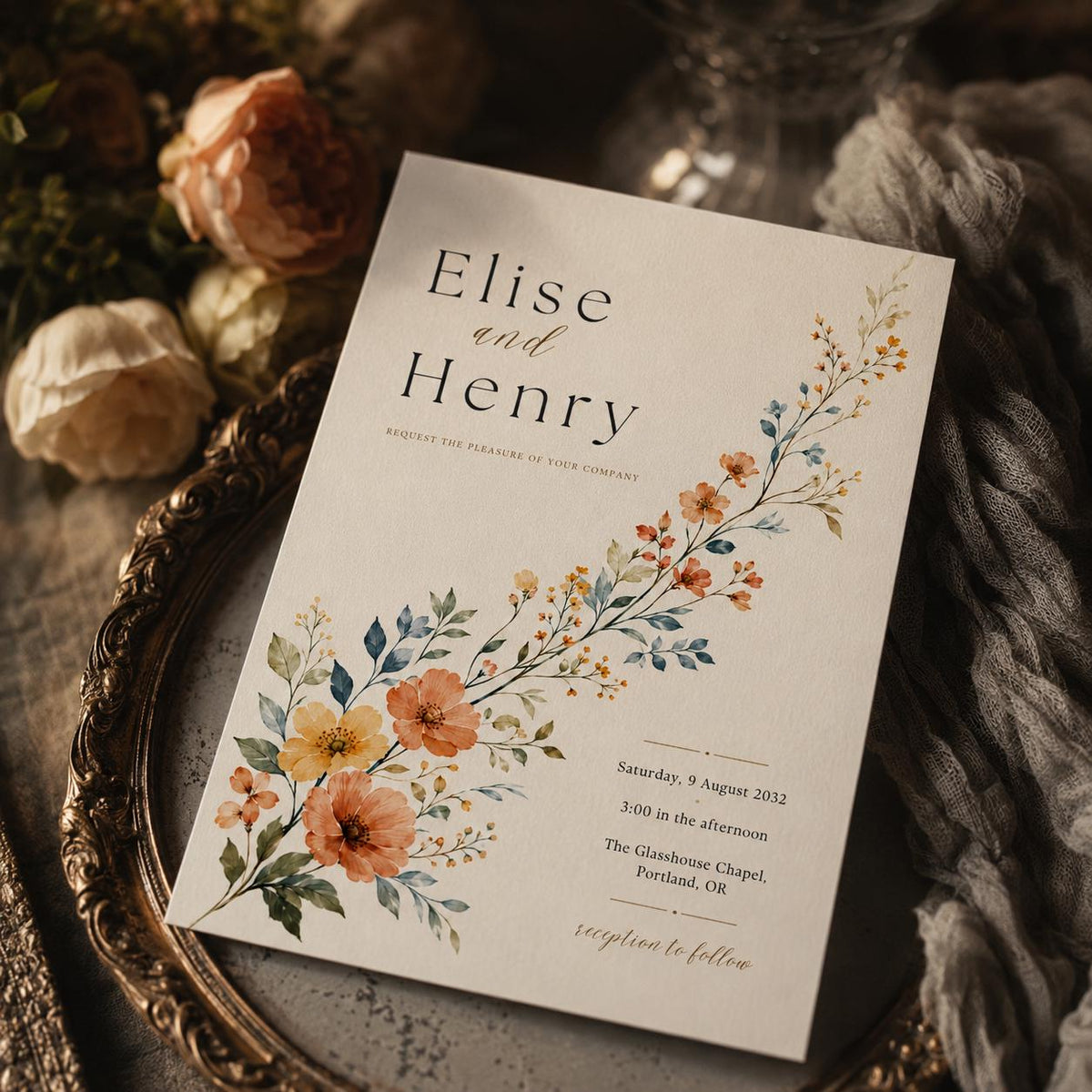 Diagonal Watercolor Wildflower Wedding Invitation — leaf and peach artwork in blue and peach