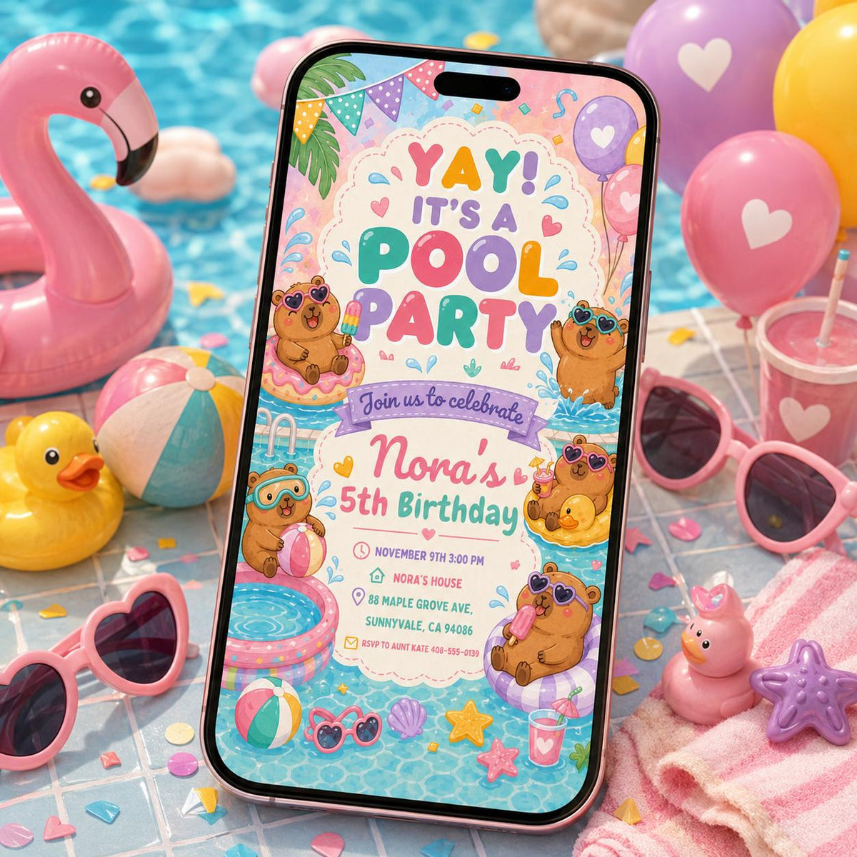 Pastel Capybara Pool Party 5th Birthday Invitation — 5th birthday party stationery by VoltBy