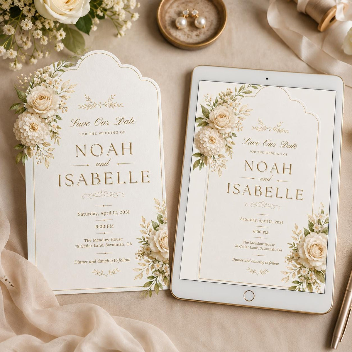 Ivory Floral Arch Wedding Save the Date — print-ready wedding design from VoltBy