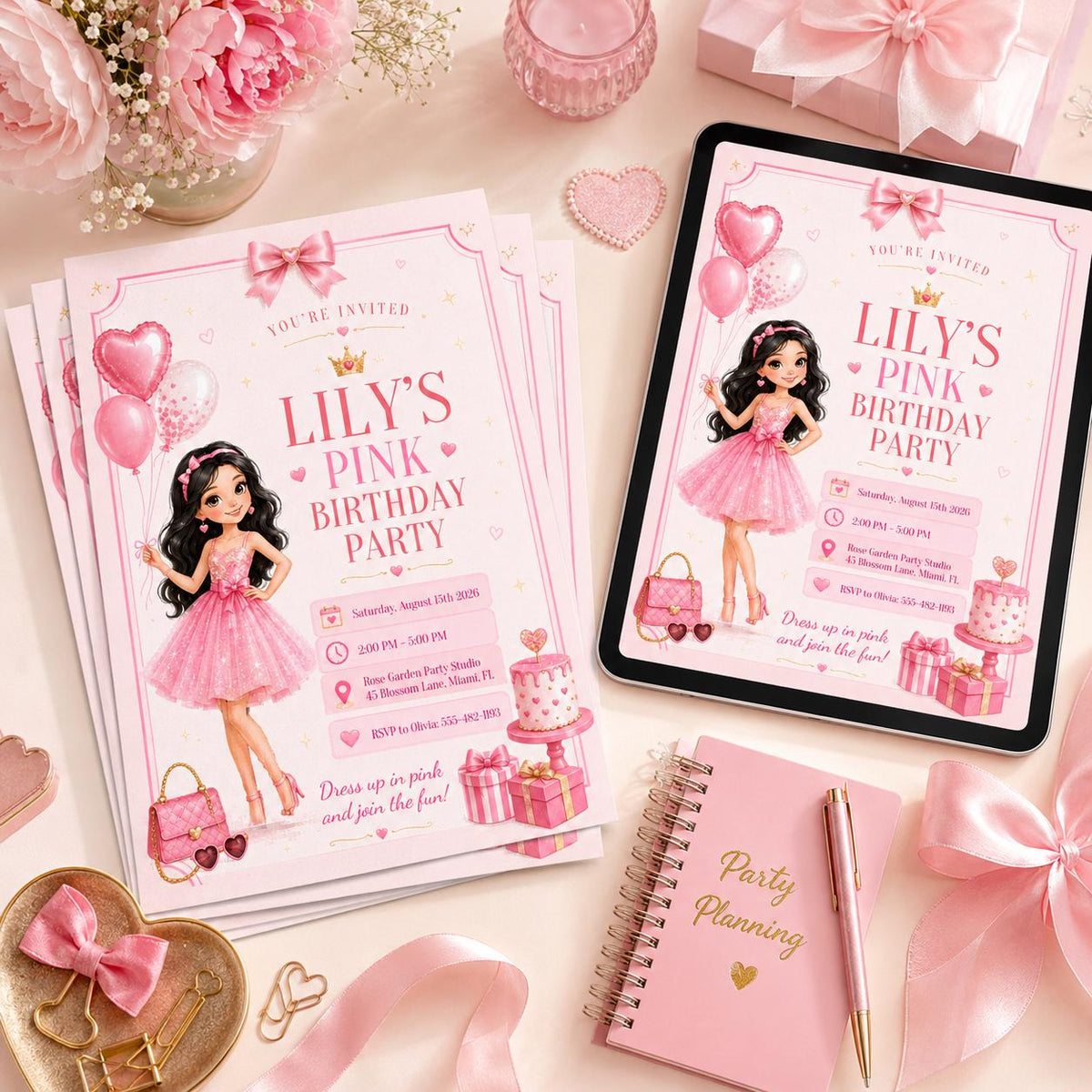 Pink Birthday Party Invitation with Doll and Heart Balloons — print-ready birthday party design from VoltBy