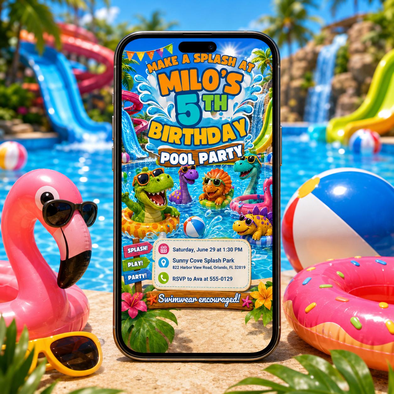 Cartoon Dinosaur Pool Party 5th Birthday Invitation with Waterslide — 5th birthday party stationery by VoltBy