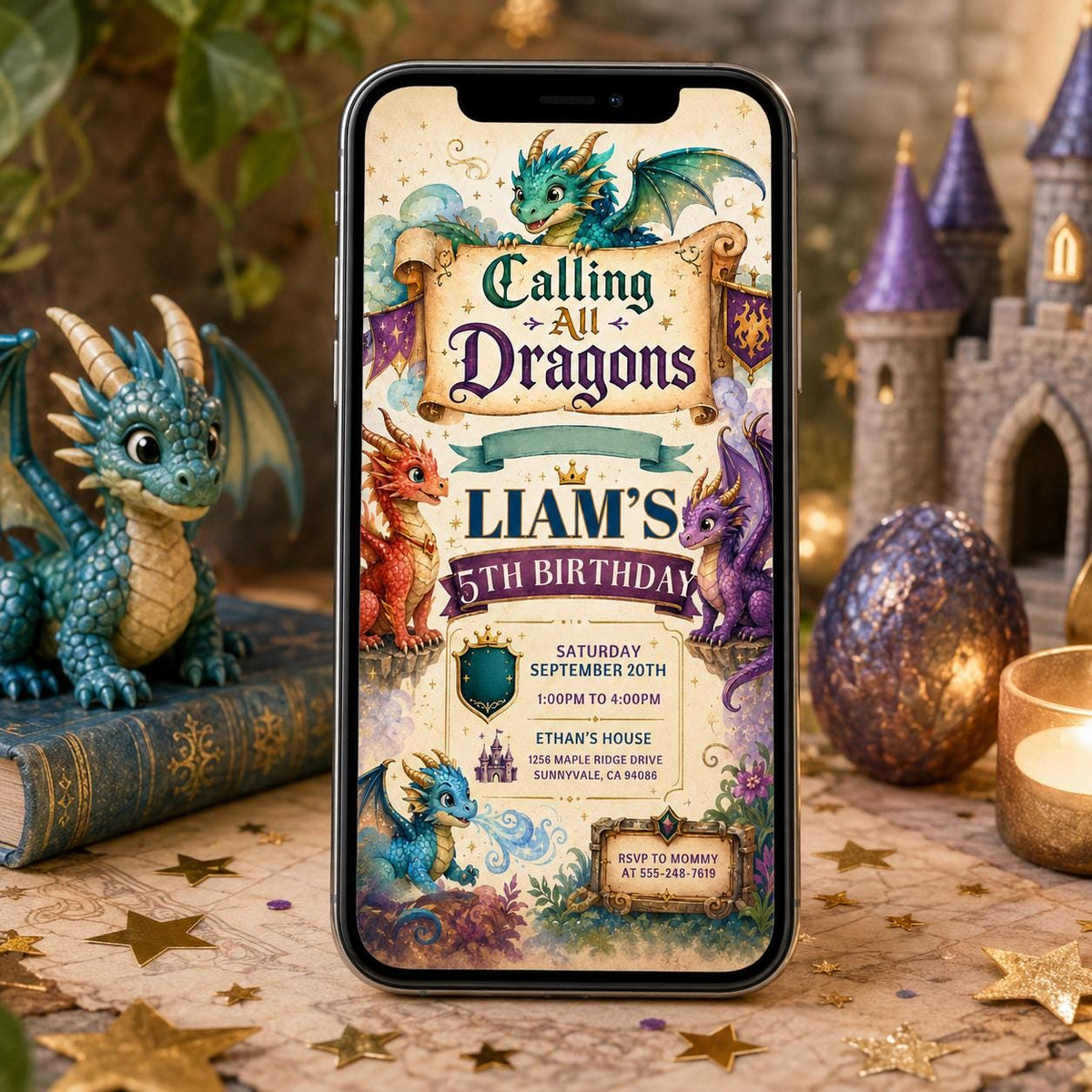 Calling All Dragons 5th Birthday Invitation — 5th birthday party stationery by VoltBy