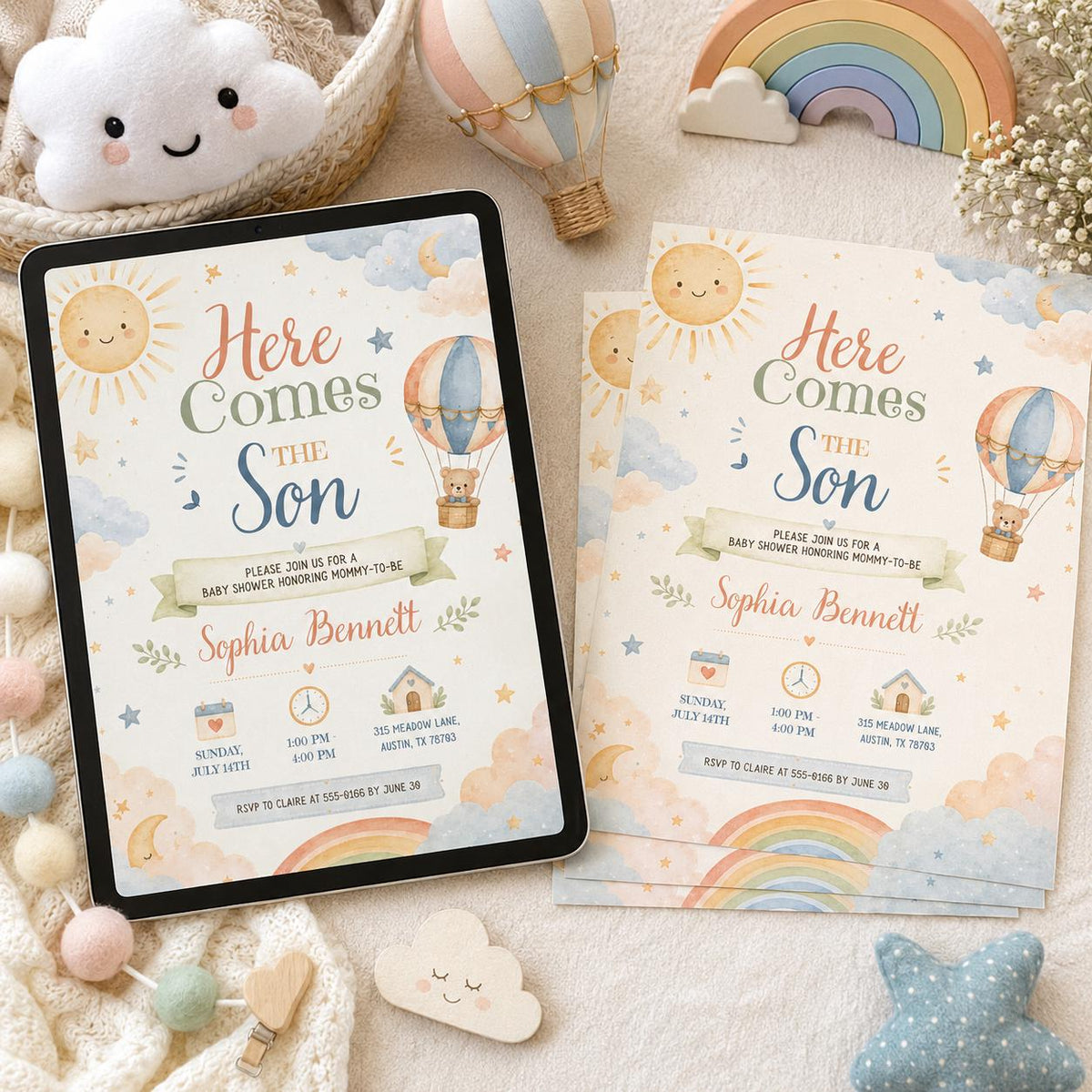 Watercolor Here Comes the Son Baby Shower Invitation — print-ready baby shower design from VoltBy