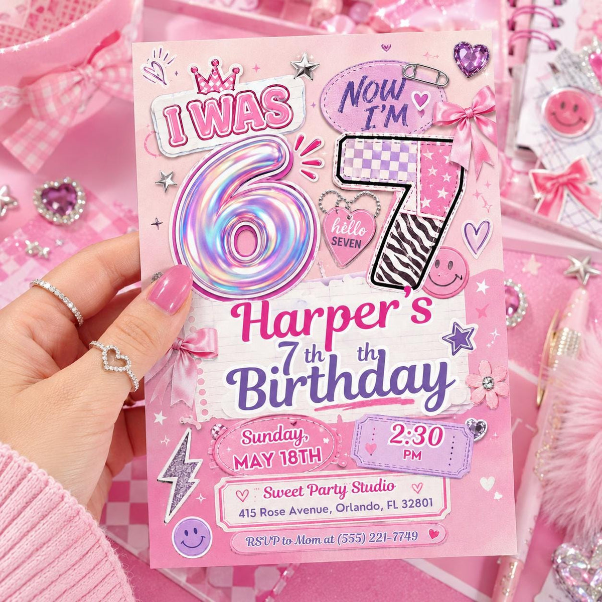 I Was Six Now I'm Seven Birthday Invitation — print-ready 7th birthday party design from VoltBy