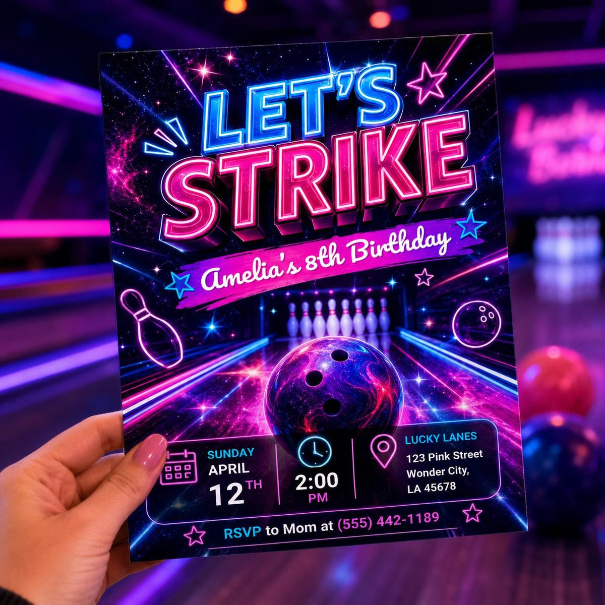 Neon Let's Strike Bowling 8th Birthday Invitation — 8th birthday party stationery by VoltBy