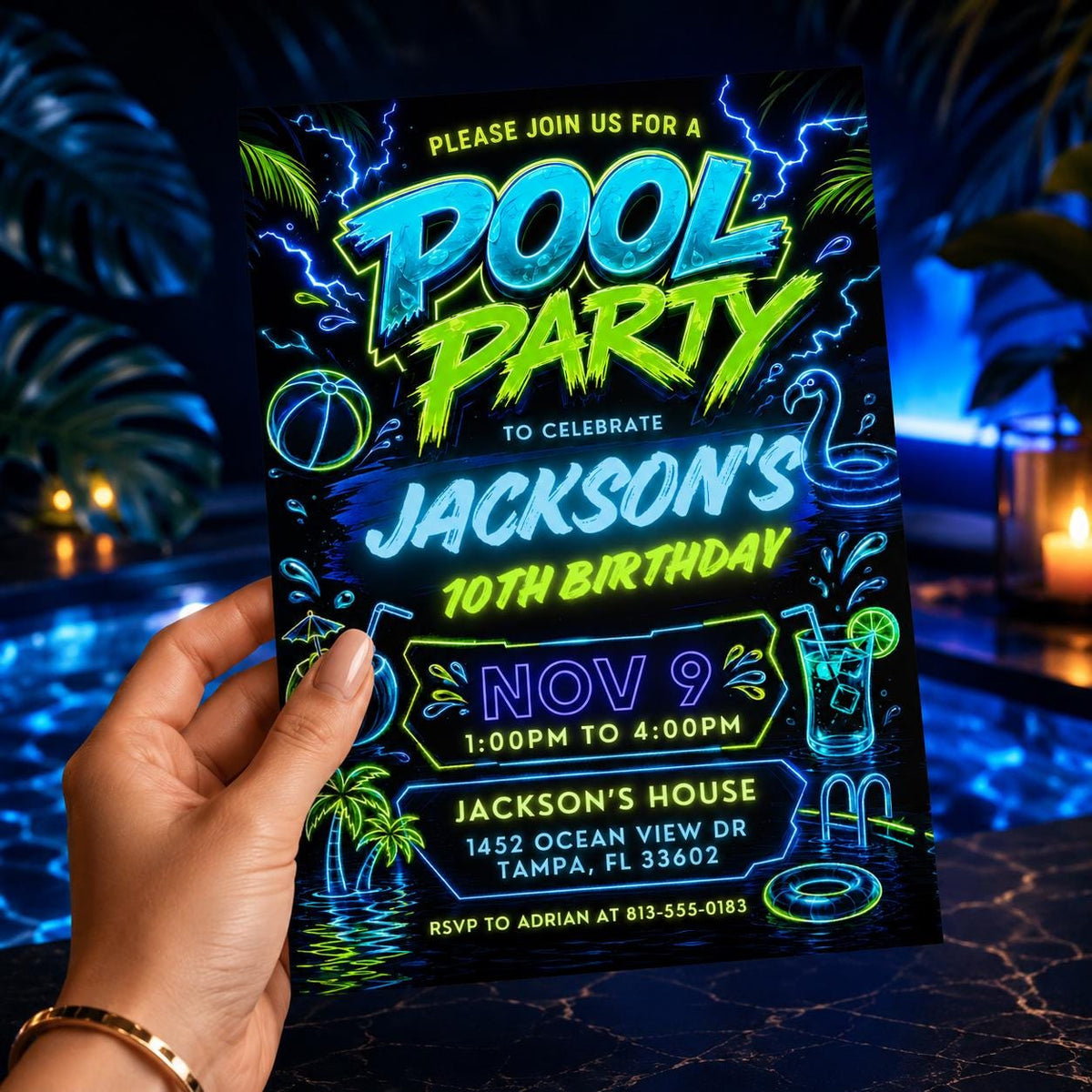 Neon Pool Party 10th Birthday Invitation in Blue and Green — 10th birthday party stationery by VoltBy