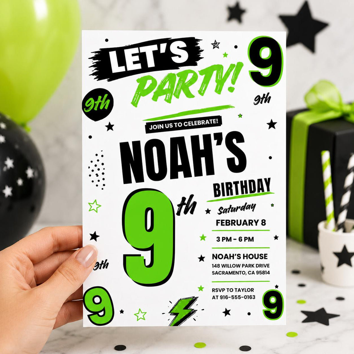 Green and Black Let's Party 9th Birthday Invitation — design view 2