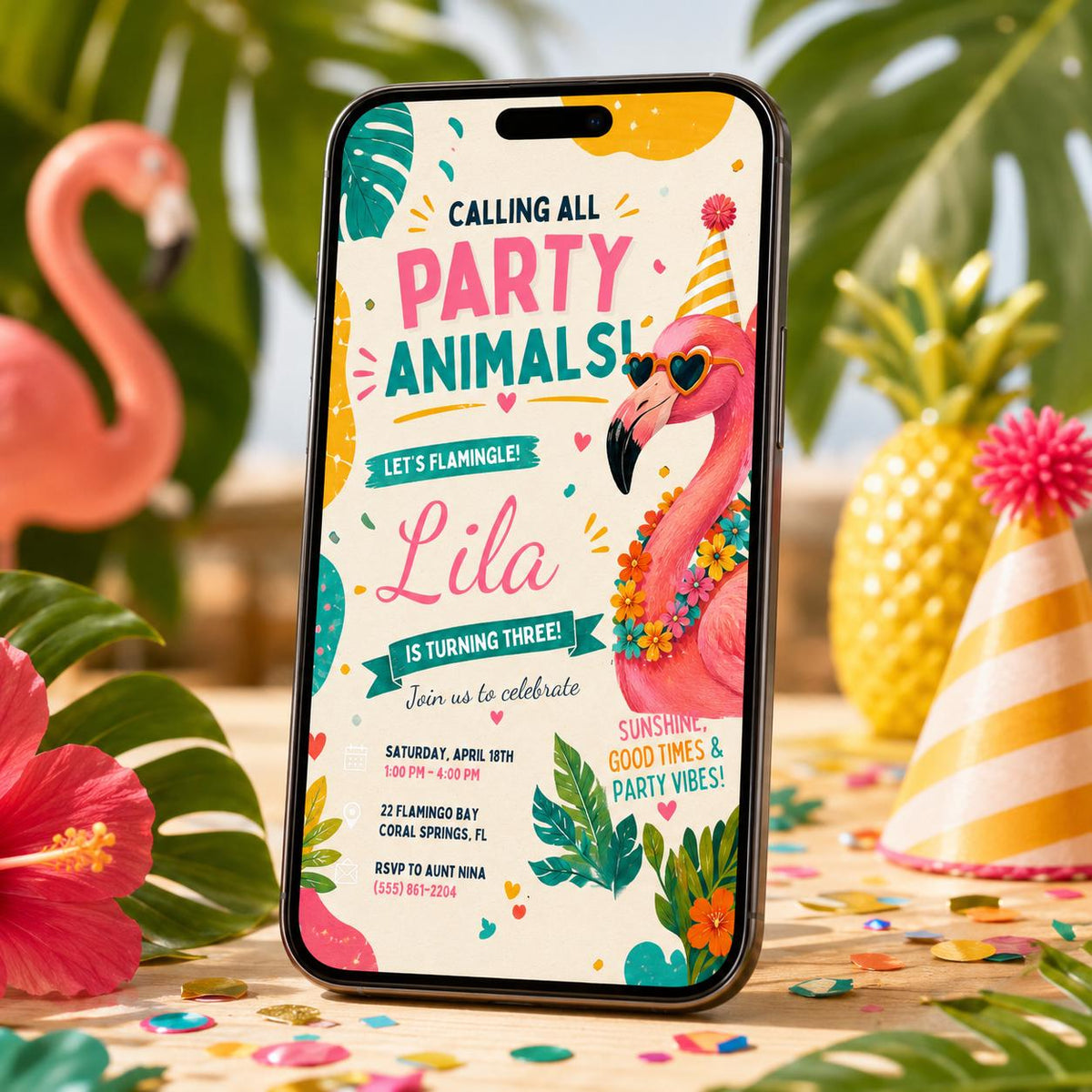 Let's Flamingle Party Animals 3rd Birthday Invitation — print-ready 3rd birthday party design from VoltBy
