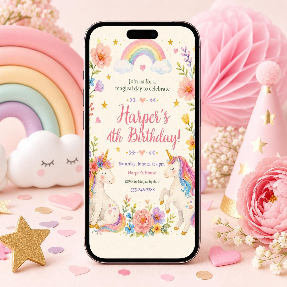 Watercolor Unicorn 4th Birthday Invitation with Flower Meadow — 4th birthday party stationery by VoltBy