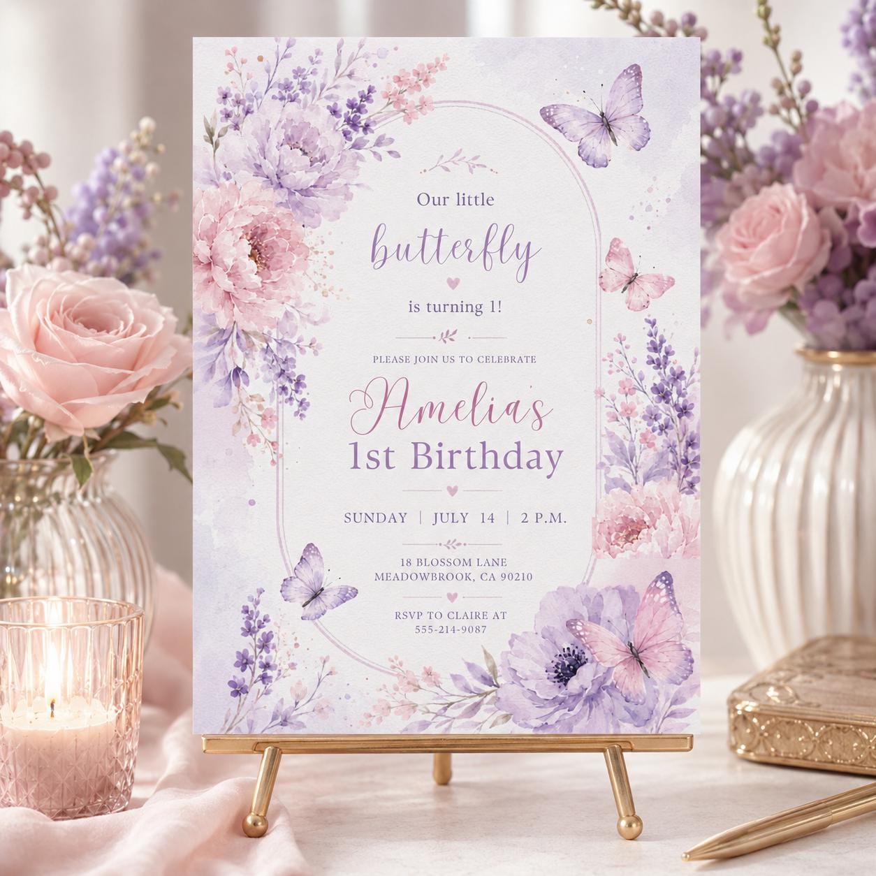 Flutter On Over Birthday Invitation, Floral Butterfly Birthday Card, Spring Garden Party Template, Pink Golden Butterfly Invite __etsy:8060281193
