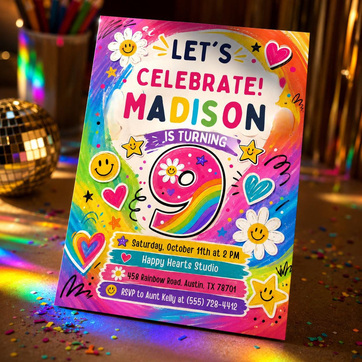 Rainbow Daisy 9th Birthday Invitation — print-ready 9th birthday party design from VoltBy