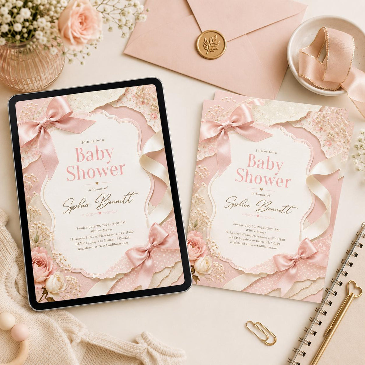 Pink Bow Baby Shower Invitation with Scalloped Frame — print-ready baby shower design from VoltBy