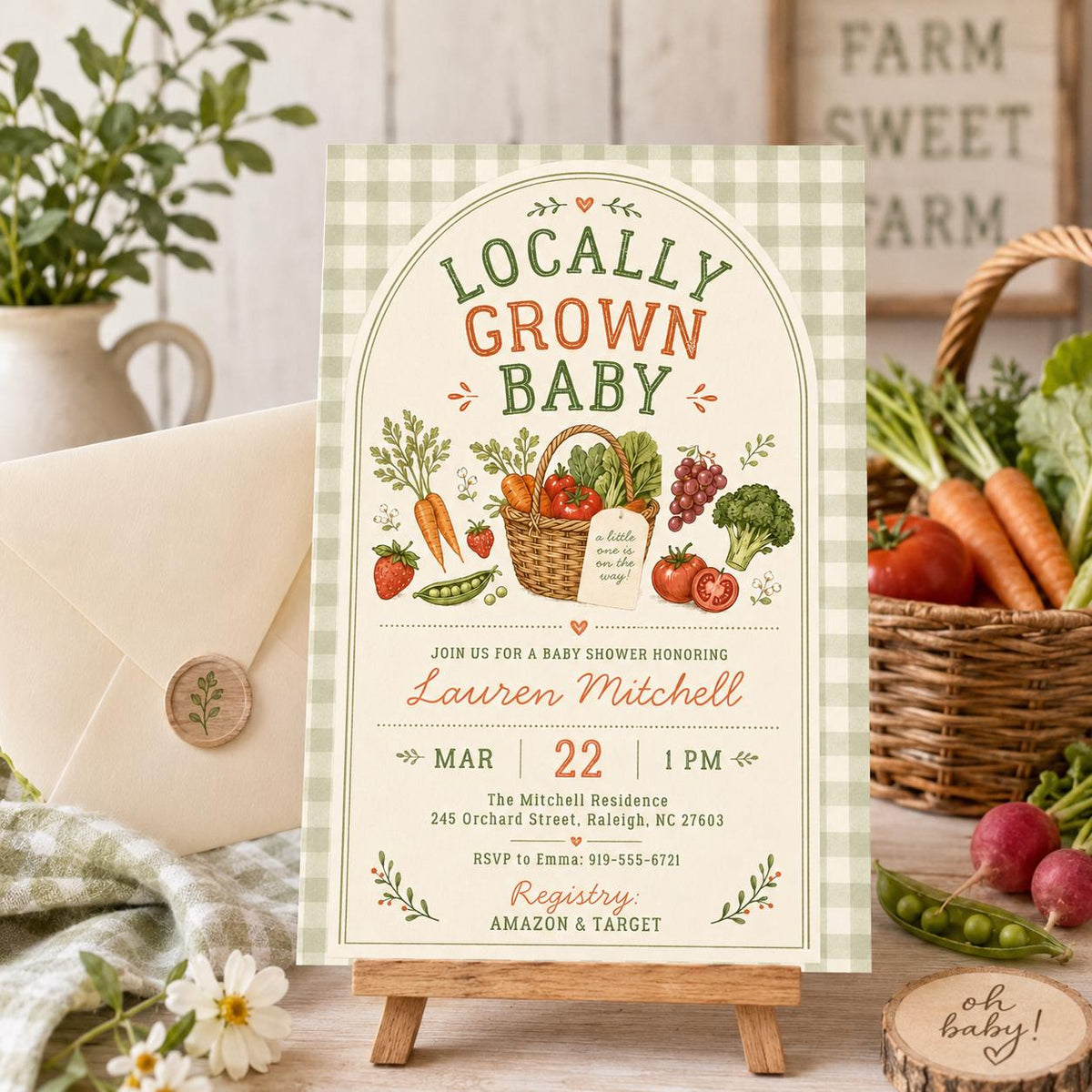 Locally Grown Baby Shower Invitation with Green Gingham — baby shower stationery by VoltBy