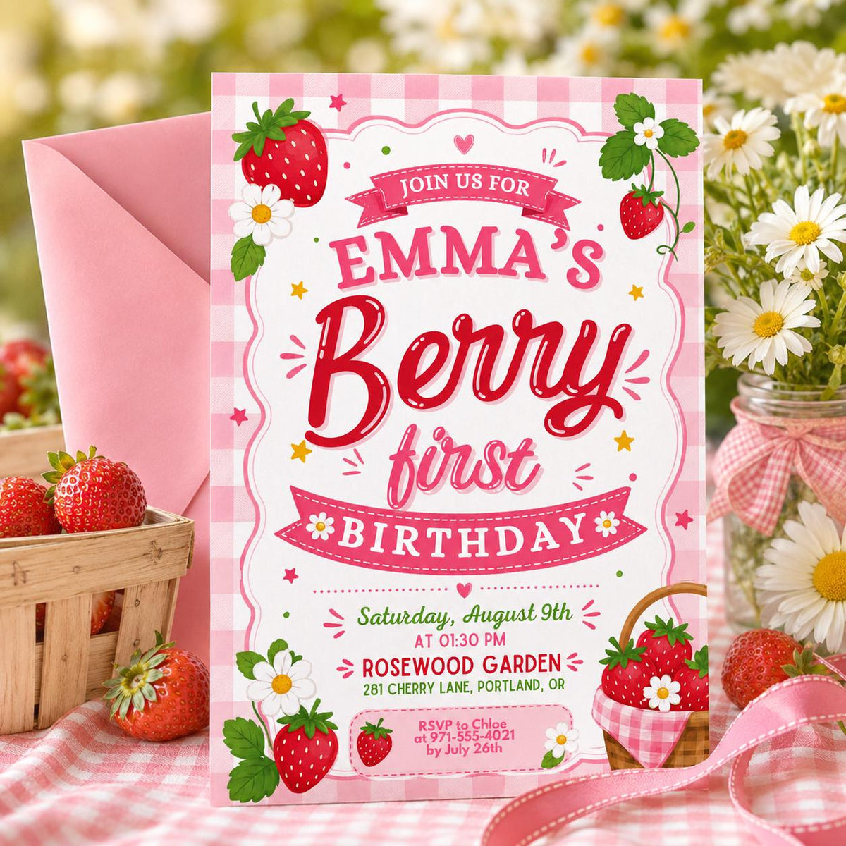 Berry First Birthday Invitation with Scalloped Border — print-ready first birthday design from VoltBy