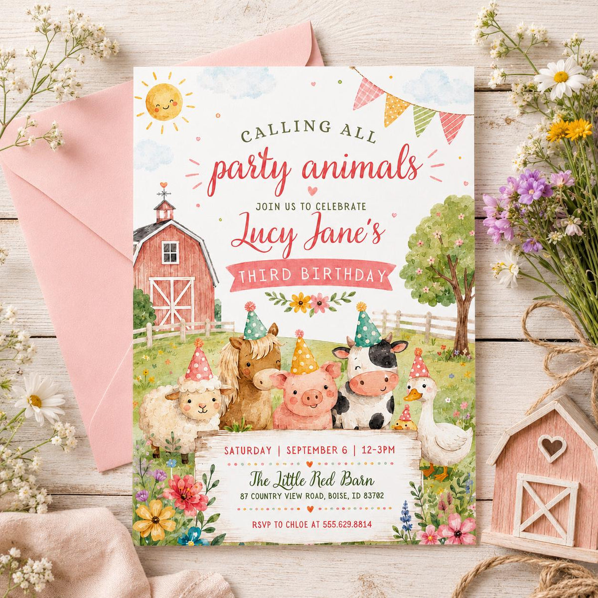 Pink Barnyard 3rd Birthday Invitation with Party Animals — farm artwork in green