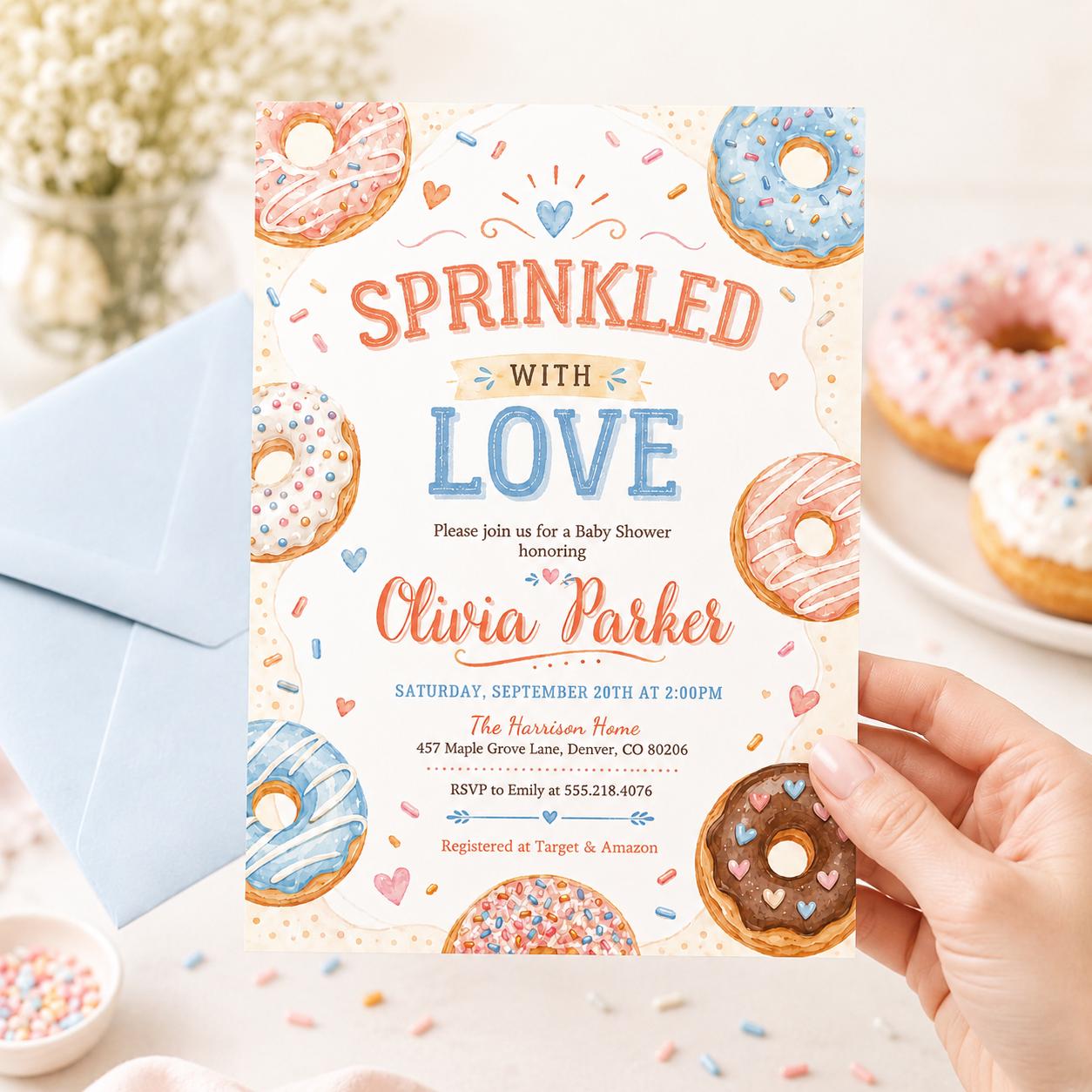 Sprinkled with Love Baby Sprinkle Editable Invitation Template, Donut Baby Sprinkle, Gender Neutral Baby Shower, Editable Canva Template __etsy:8070468251