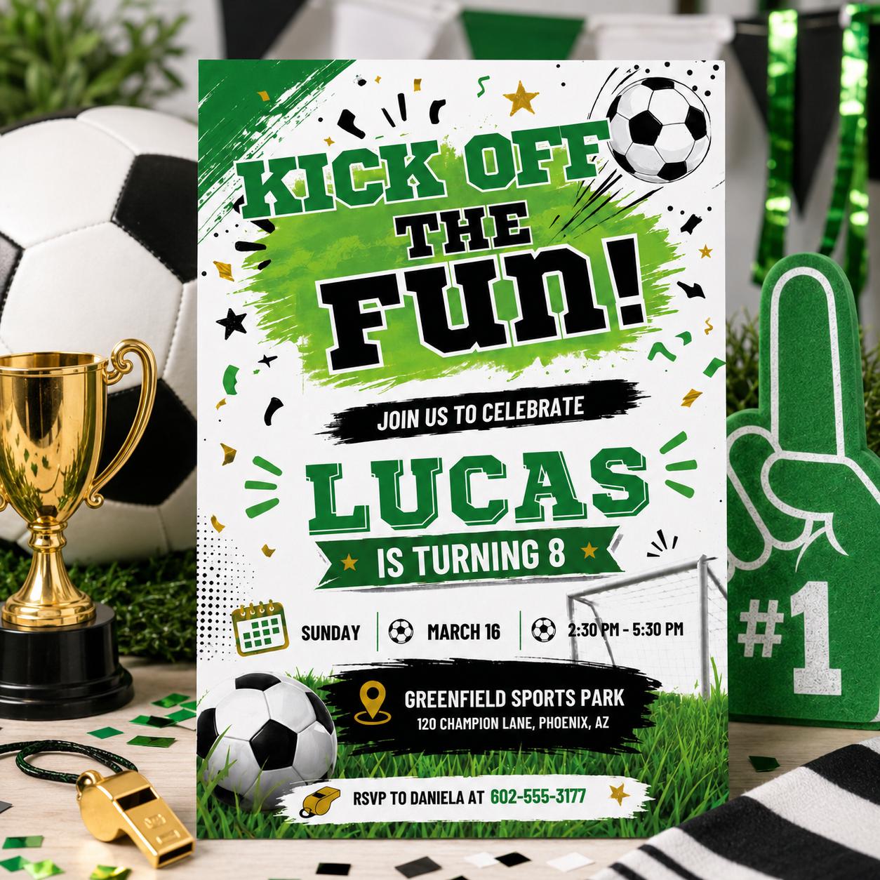 Soccer Birthday Invitation Template, Kick Off The Fun, Soccer Birthday Party Invitation, Editable Canva Template Soccer GOAT invite __etsy:8071382621
