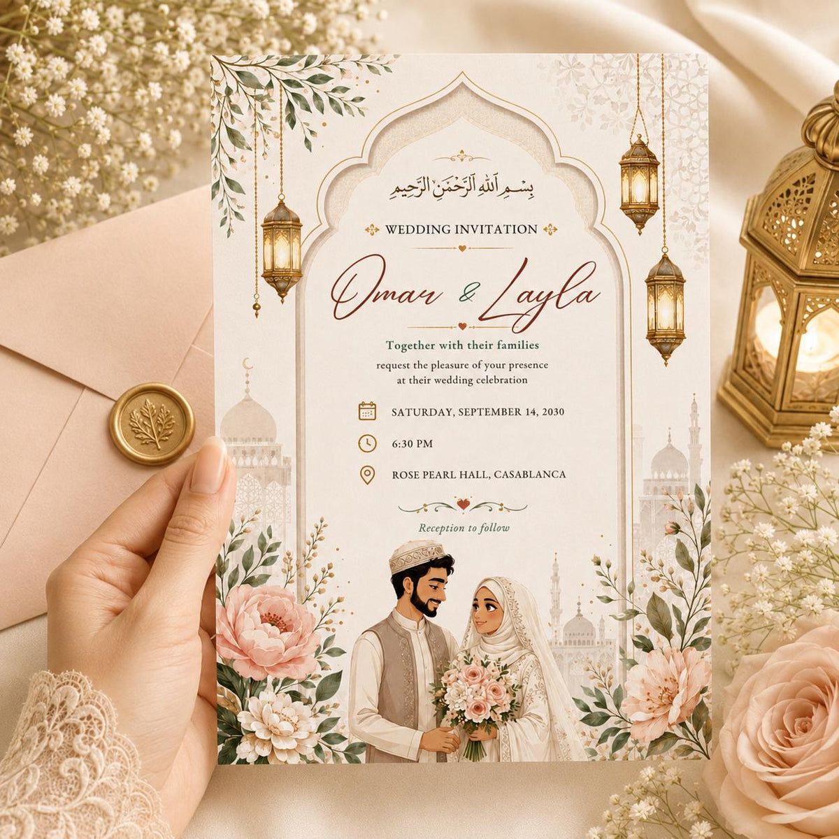 Islamic Wedding Invitation with Bride and Groom Illustration — floral lantern artwork in cream gold