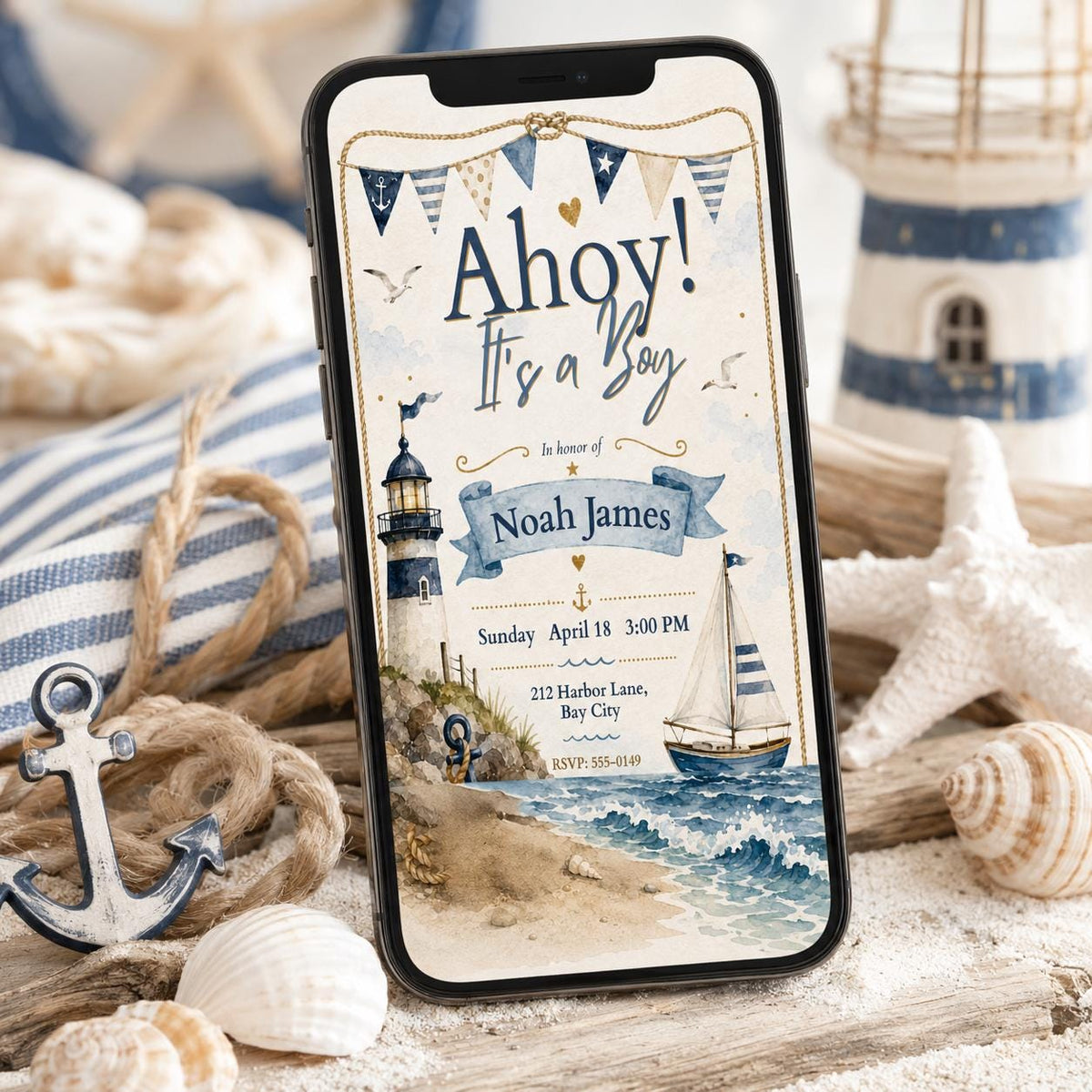 Blue Ahoy It’s a Boy Invitation — baby shower stationery by VoltBy