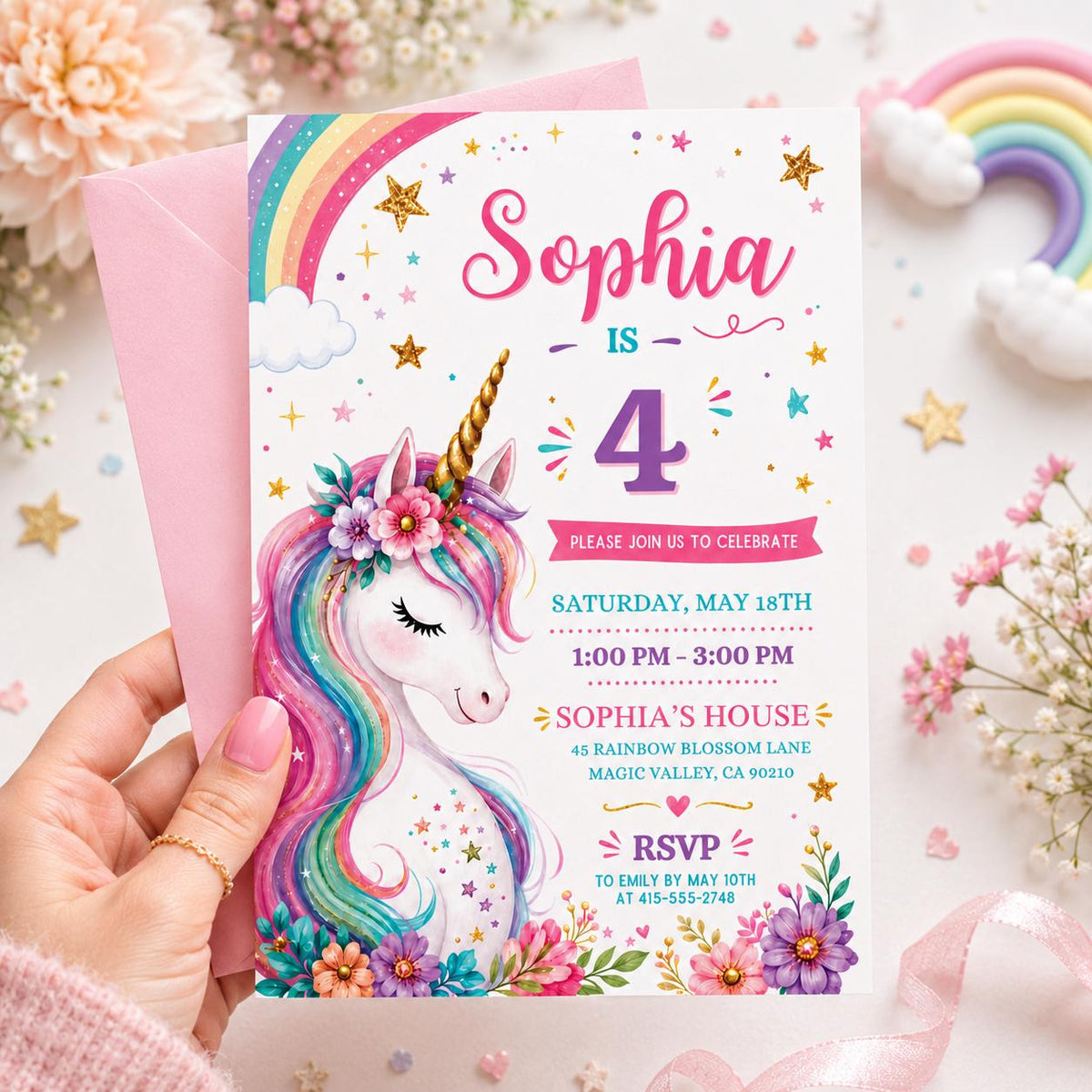 Floral Unicorn 4th Birthday Invitation with Gold Horn — print-ready 4th birthday party design from VoltBy